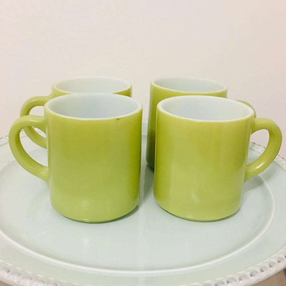 Set of 4 Vintage Green Milk Glass Mugs
